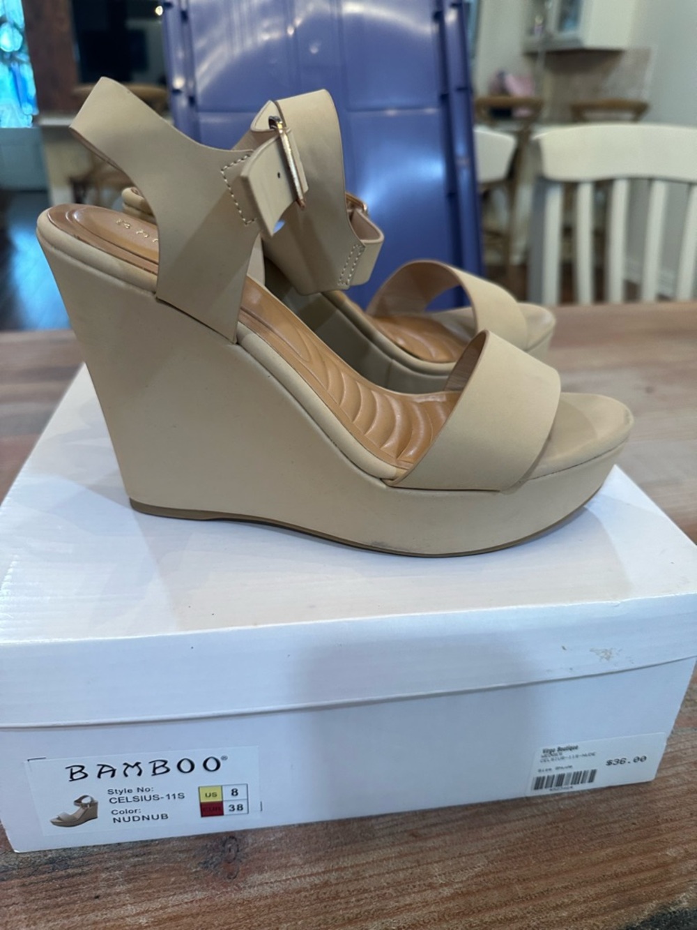BAMBOO Nude Platform Wedge Sandals with Ankle Buckle